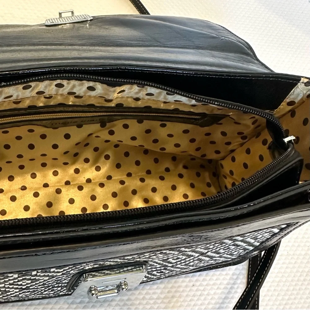 Melie Bianco Patent with Black & White Straw Geometric Satchel Handbag Purse Bag